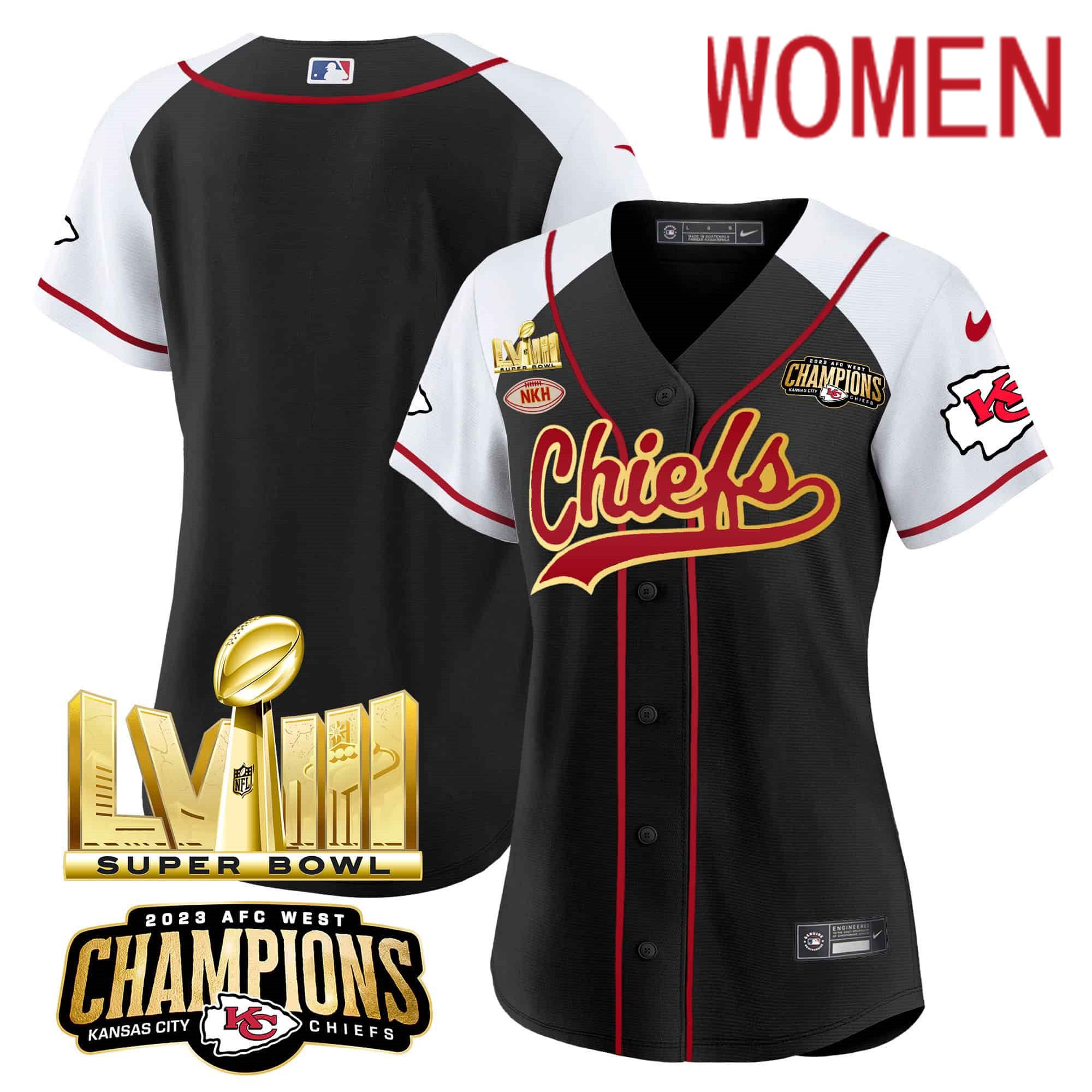 Women Kansas City Chiefs Blank Black 2024 Nike Super Bowl LVIII Back-2-Back Gold Patch Baseball NFL Jersey style 1->women nfl jersey->Women Jersey
